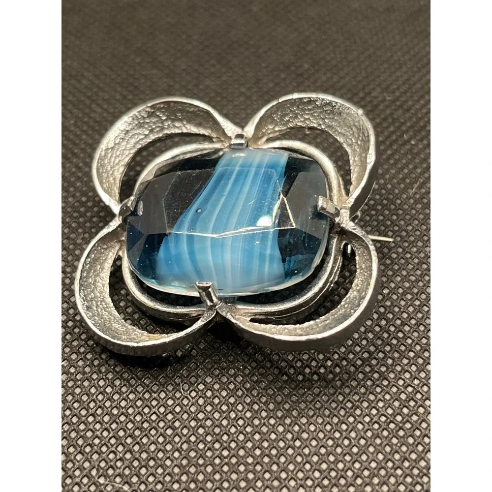 Vintage Silver Tone Blue Striped Art Glass Brooch Textured Openwork Pin